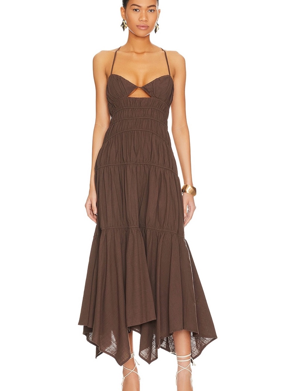 Brown Tiered Maxi Dress with Spaghetti Straps